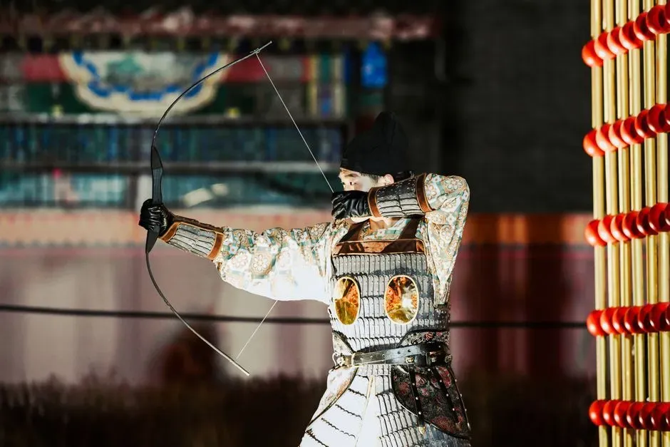 Mounted archer shooting a target during Yabusame at Meiji Jingu