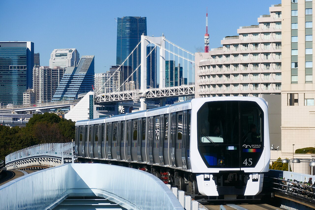 Yurikamome Line train crossing Rainbow Bridge Tokyo